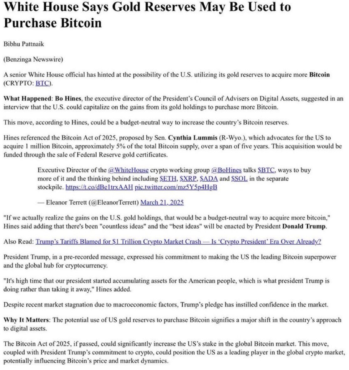 U.S. White House Considers Using Gold Reserves for Strategic Bitcoin Reserve Under Trump Administration