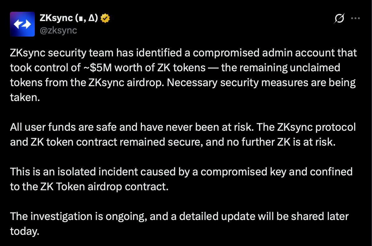 ZKsync Reports $5M ZK Token Theft, Price Drops 20% After 1.7M Tokens Bridged to ETH