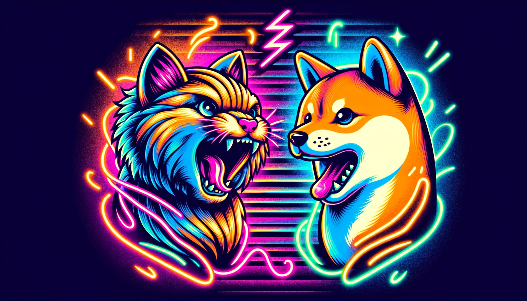 roaring kitten facing off against a dog