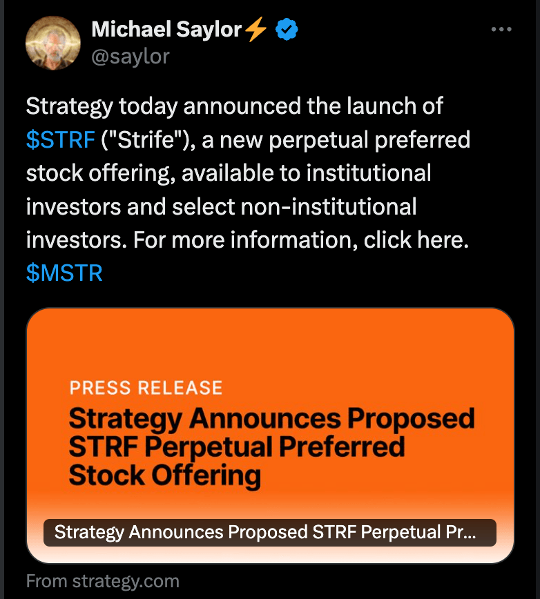 Michael Saylor's Strategy to Raise $500M via Series A Perpetual Strife Stock with 10% Dividend for Bitcoin
