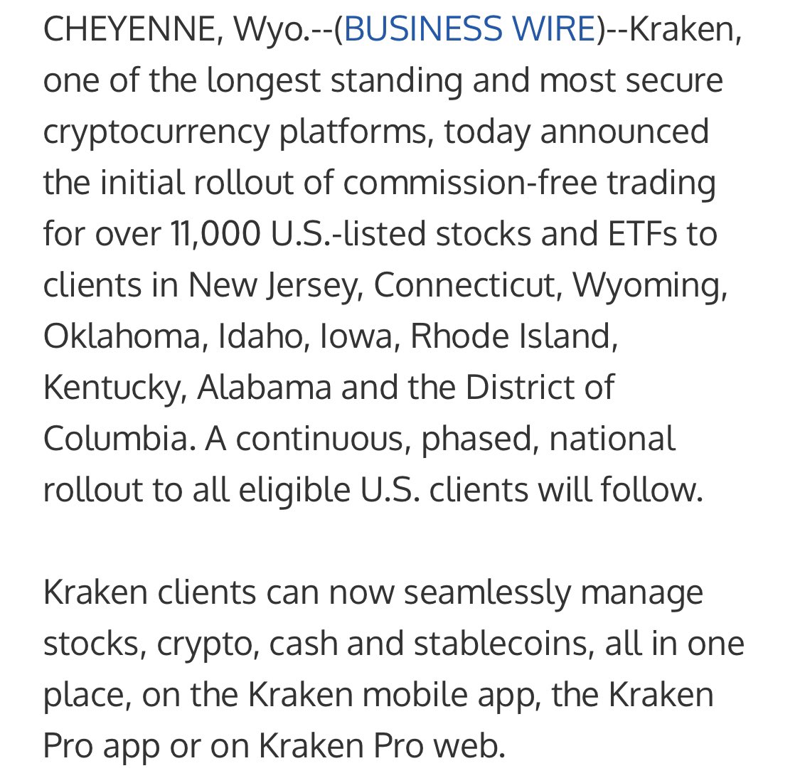 Kraken Launches Commission-Free Trading for 11,000 U.S.-Listed Stocks and ETFs in Select U.S. States via Kraken Securities Division