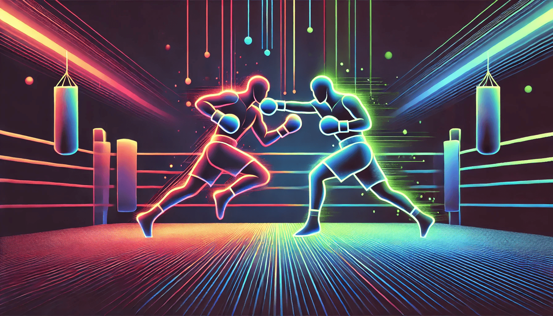 two boxers fighting in a ring, designed with a minimalistic approach and vibrant neon colors