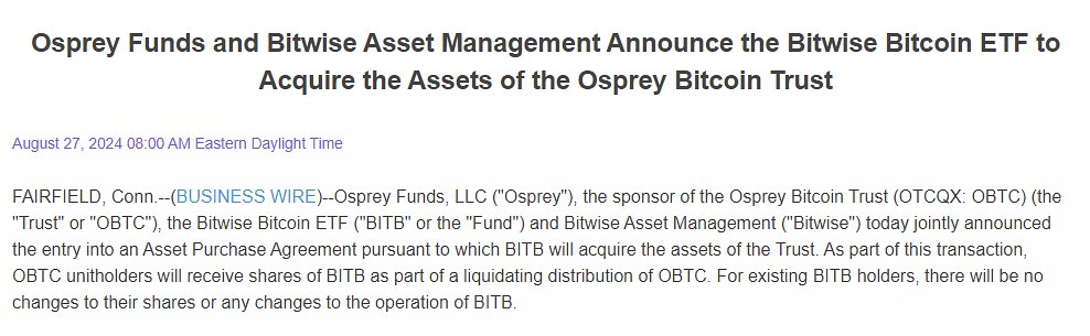 Bitwise Bitcoin ETF to Acquire Osprey Bitcoin Trust's $120 Million Assets