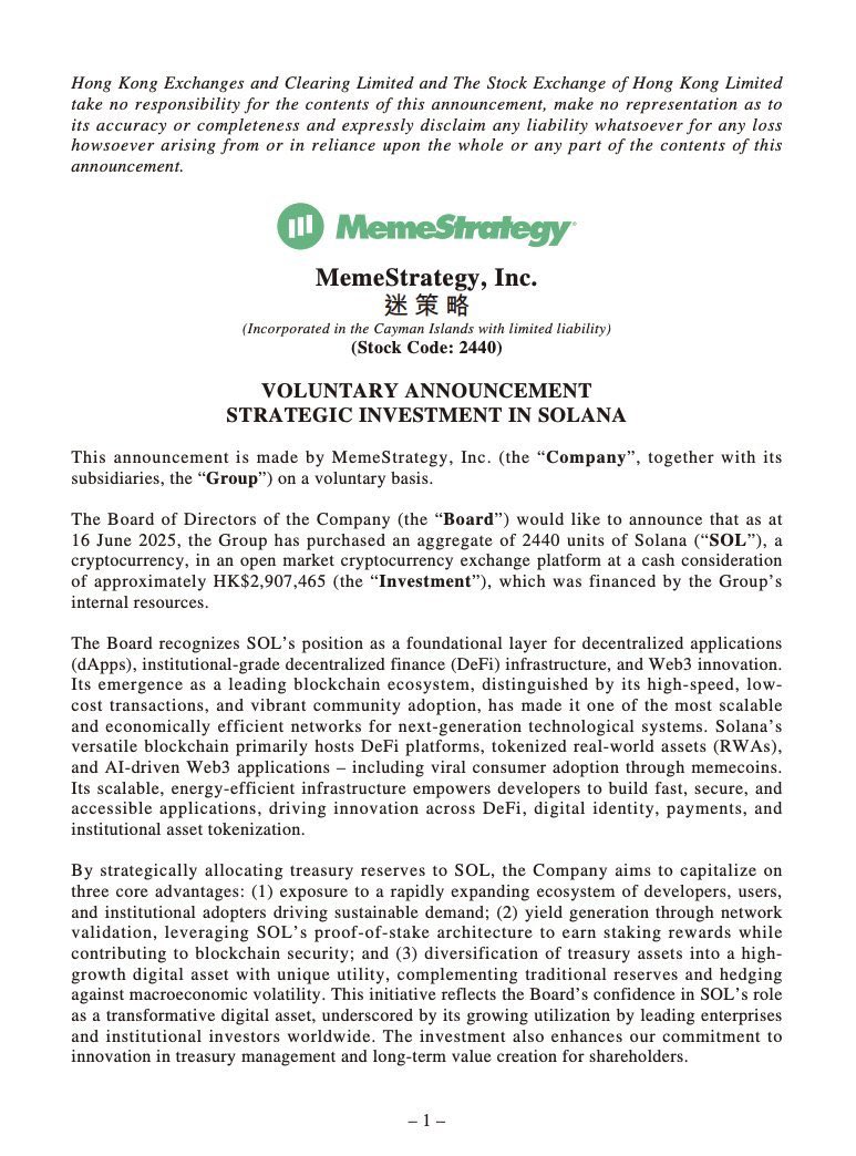 Hong Kong’s MemeStrategy Buys 2,440 SOL for HKD 2.9 Million, Shares Jump 20%
