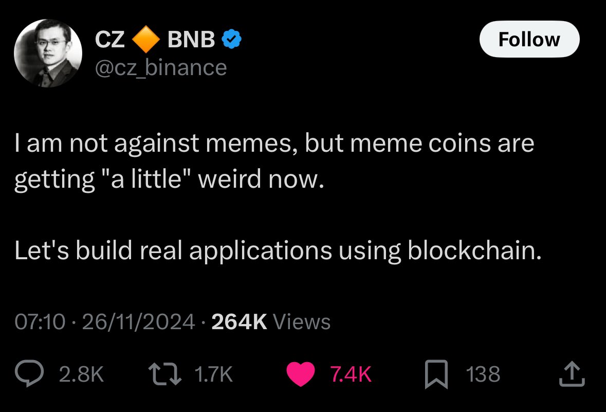 Binance Founder Zhao Changpeng Calls for Focus on Real Applications Amid Concerns Over Two BNBChain Memecoins' Sharp Price Drop