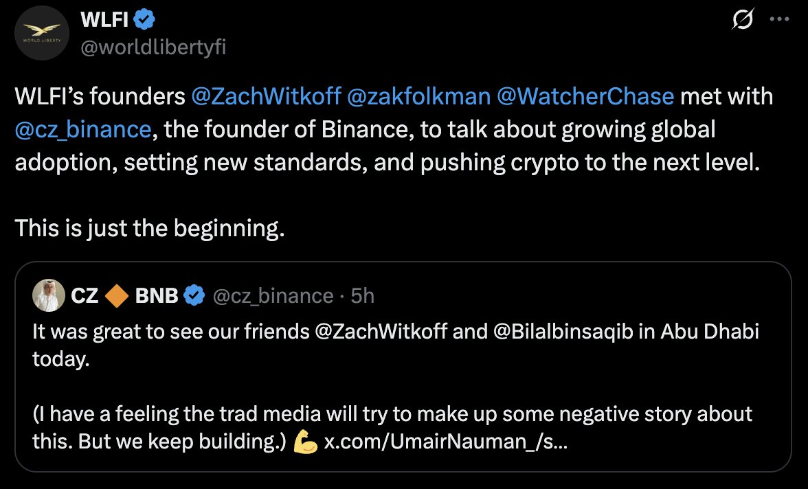 WLFI Founders Meet Binance CEO CZ in Abu Dhabi to Discuss Global Crypto Adoption, $25M DWF Labs Investment, and New Partnerships