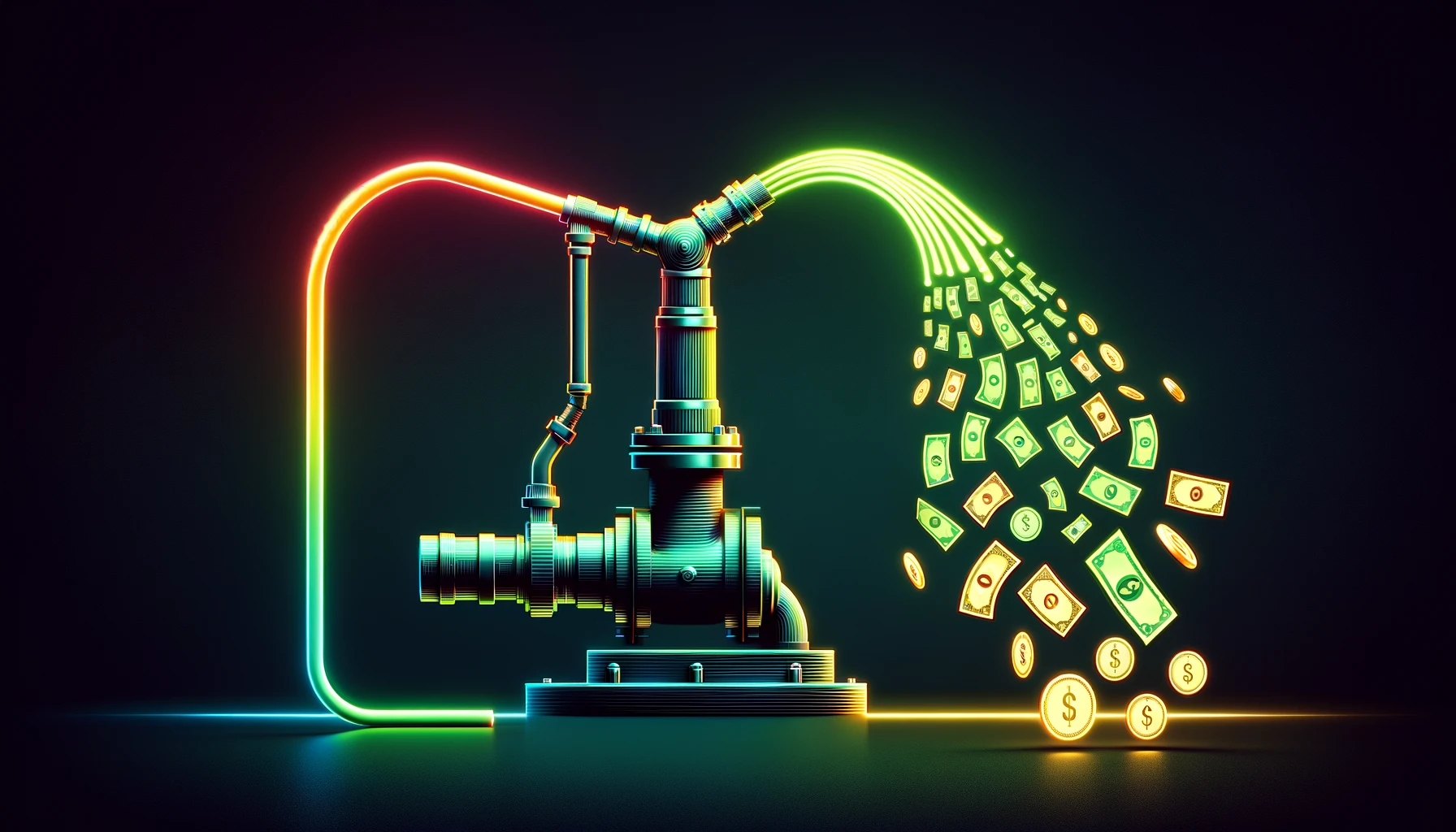 a mechanical pump emitting streams of currency notes