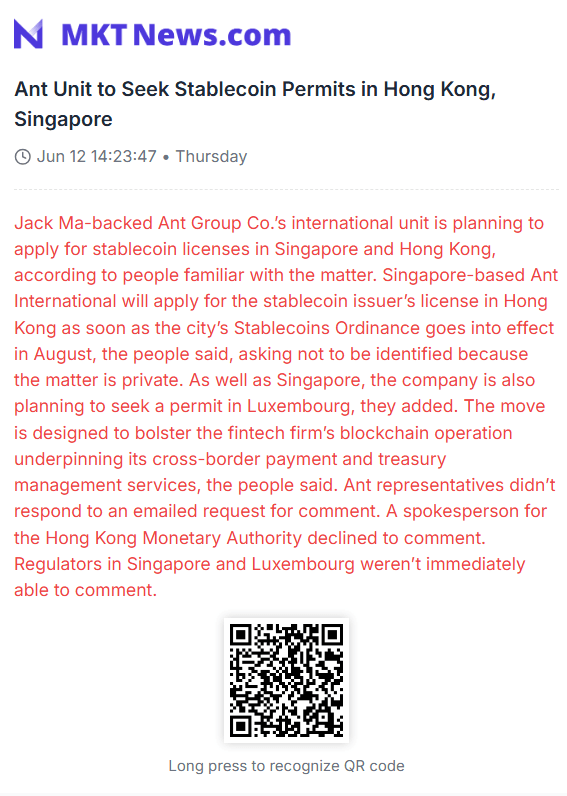Jack Ma-Backed Ant Group to Seek Stablecoin Licenses in Hong Kong, Singapore, Luxembourg: Bloomberg