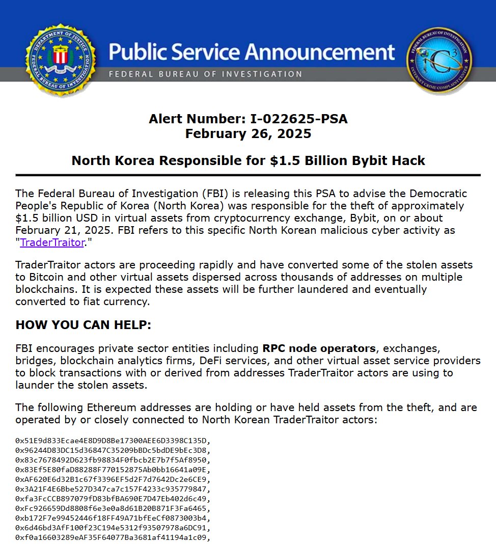 FBI Accuses North Korea's TraderTraitor Group of $1.5 Billion Bybit Crypto Theft in Largest Heist on February 21, 2025