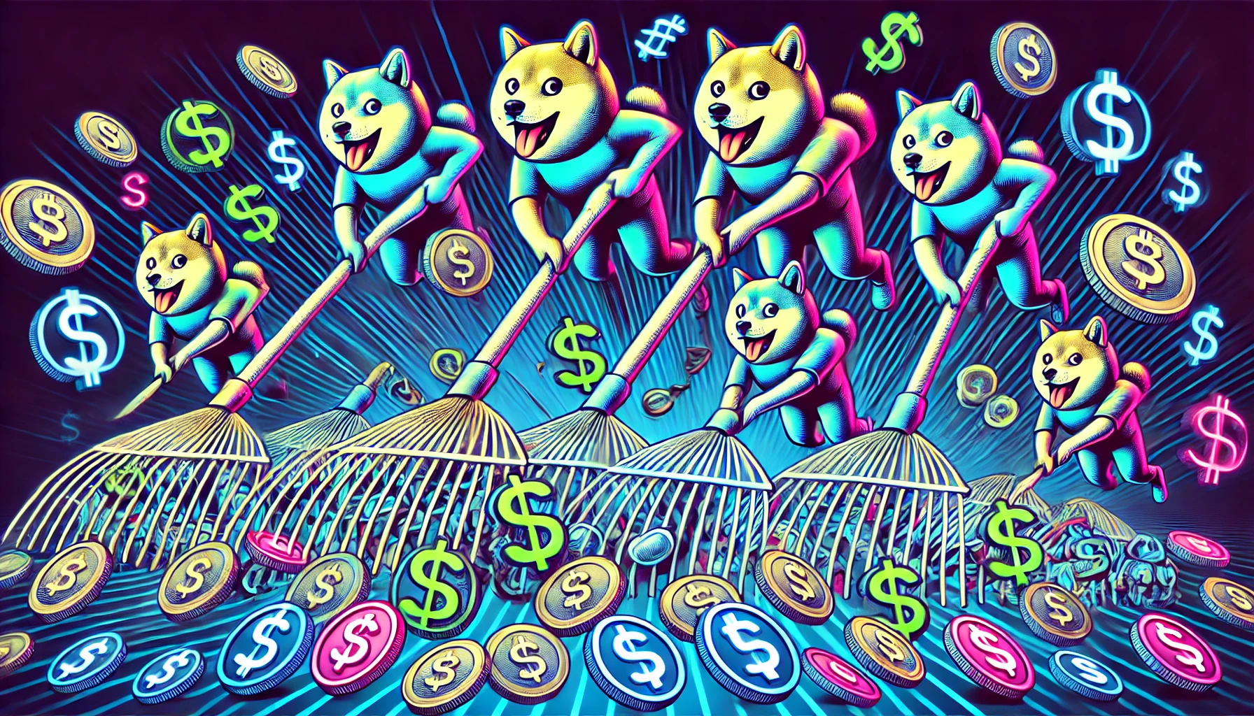 dogs with exaggerated rakes pulling in symbols of coins and dollar signs