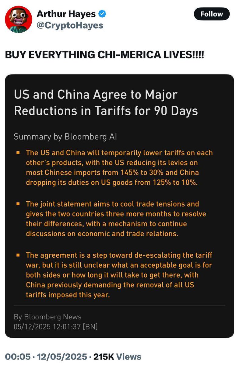 Arthur Hayes Urges Investors to Buy Everything as US-China Trade War Eases and Bitcoin Surpasses $104,000