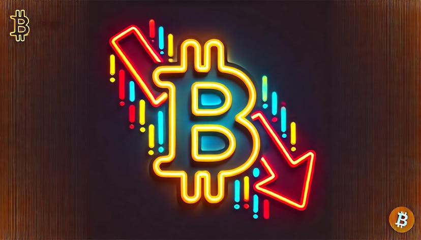 Bitcoin symbol with downward-trending arrows in neon colors