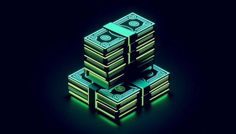 dollar bills stacking up, glowing in neon green