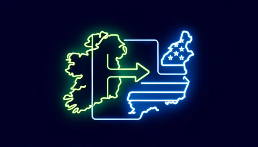 outlines of Ireland and the US, connected by a glowing arrow