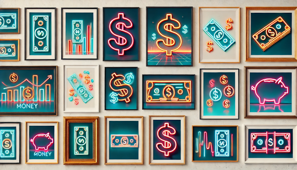  image depicting various types of art frames with minimalistic, neon-colored paintings about money.