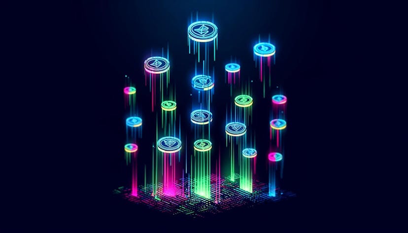 stylized digital tokens falling from the sky