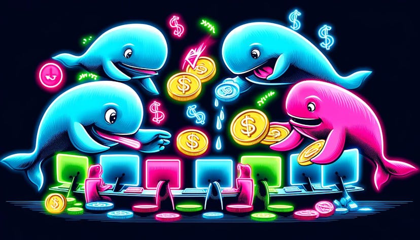 cartoon-like whales with exaggerated expressions, engaging in trading activities