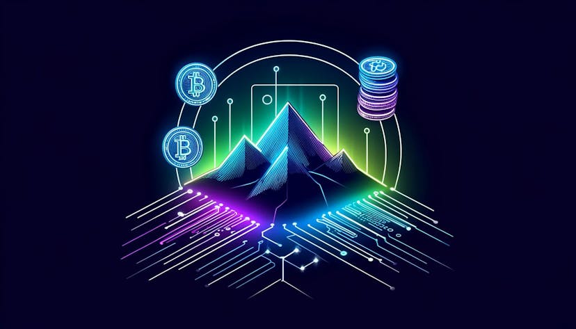 a mountain and digital elements symbolizing cryptocurrency