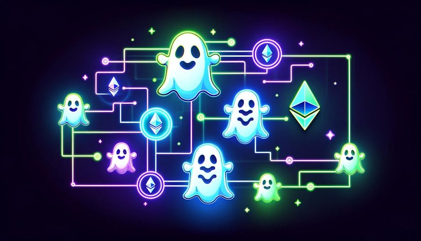 stylized ghost figures and Ethereum logos