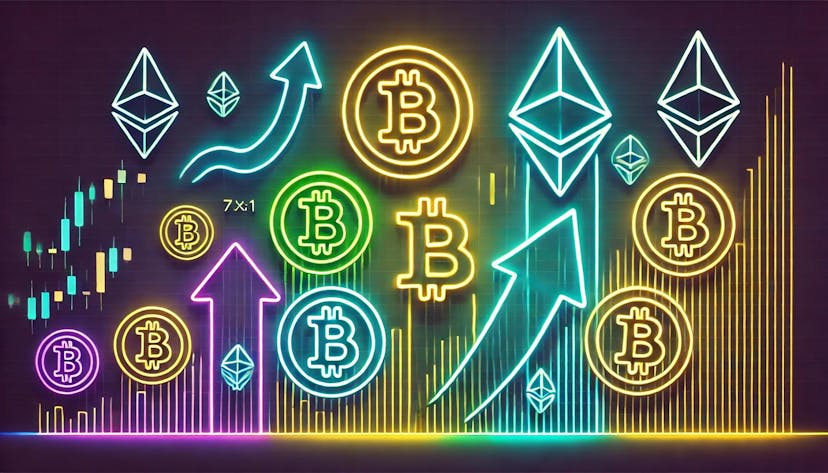 depiction of the crypto markets rallying, designed in neon colors