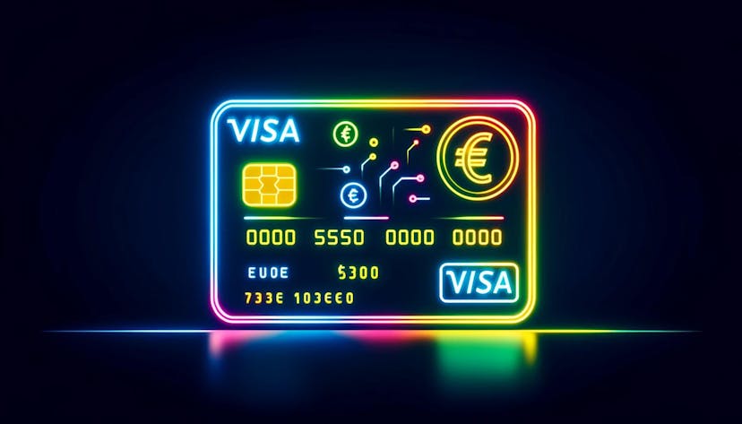 Visa card prominently featuring euro symbols and digital currency icons
