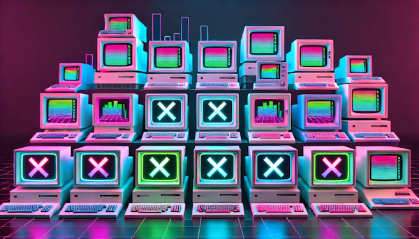 old-school computers in a minimalistic style with neon colors and X's on the screen