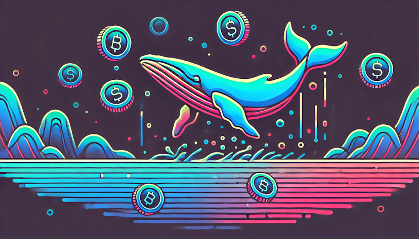 minimalistic image of a whale swimming in an ocean with floating coins, in neon colors 