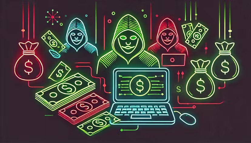 hacker in hoodie over a laptop with money bags and bills