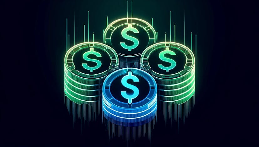 digital coins with dollar signs, glowing in neon green and blue