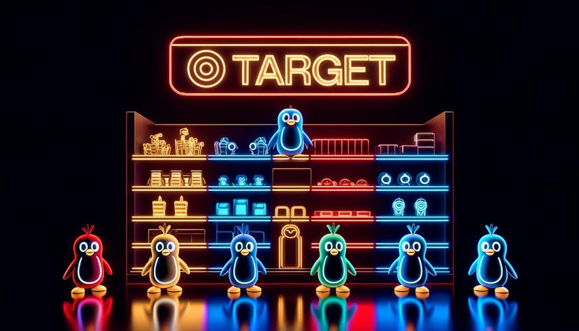 Pudgy Penguin characters as toys, glowing in neon colors like blue, white, and yellow, arranged on shelves