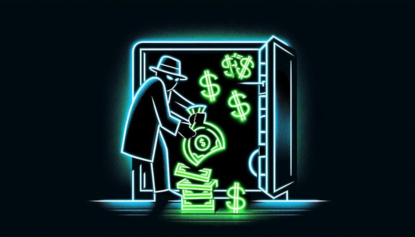 employee with a frustrated expression, shown taking glowing neon dollar bills from an open safe