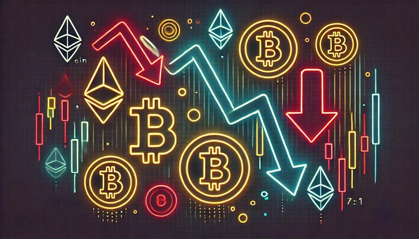symbols of various cryptocurrencies with downward-trending arrows