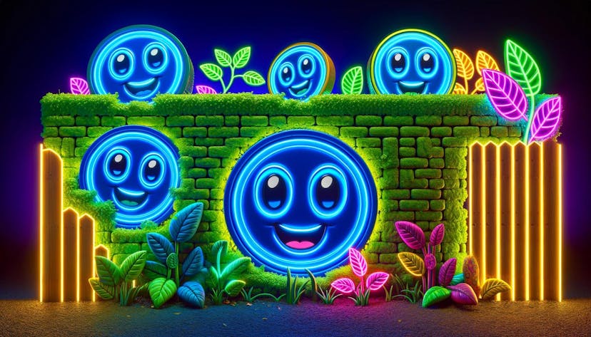 cartoon-like blue coins with whimsical faces peeking over a brightly colored wall