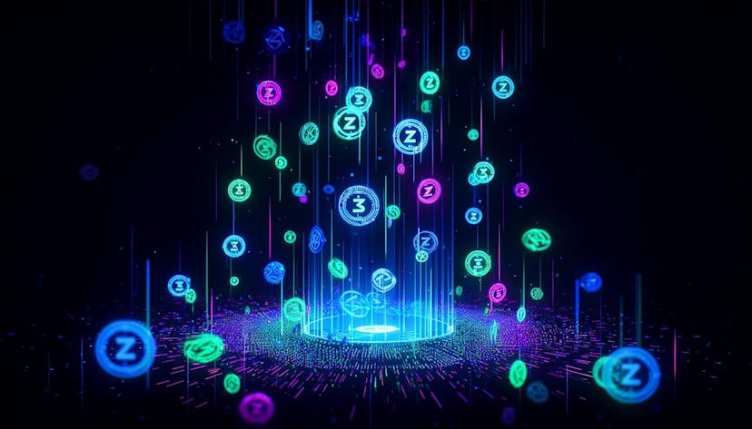 stylized digital tokens falling from above, glowing in neon blue
