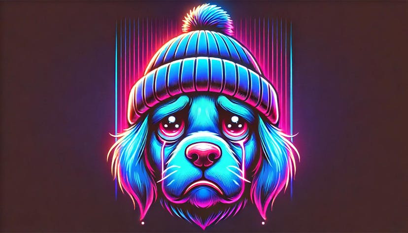 cartoon-like dog with a sad expression and neon-colored beanie
