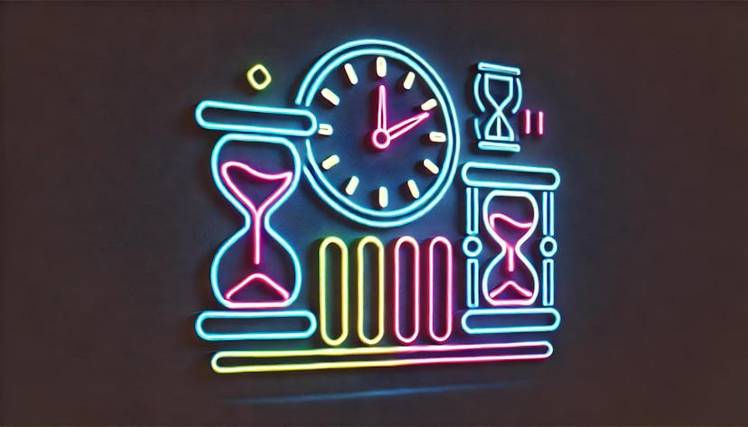 clock with paused hands, hourglasses, and progress bars