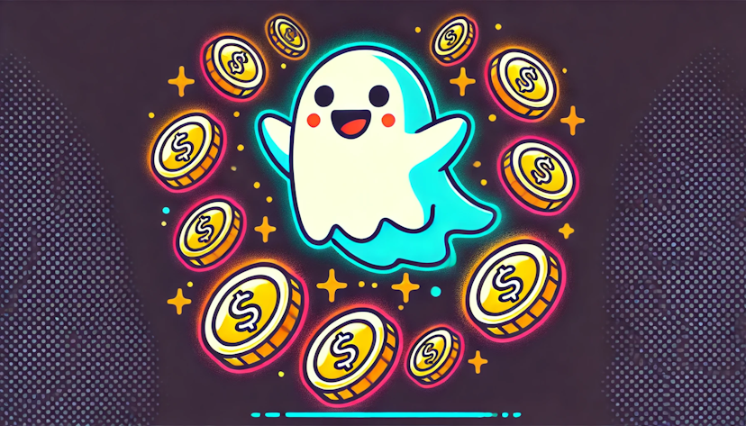  image of a cartoon-like ghost floating together with gold coins