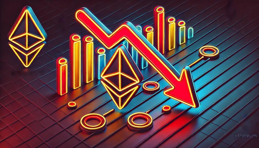 stylized downward-trending arrows and Ethereum symbols