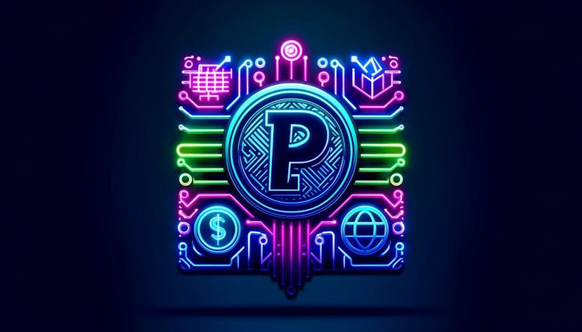 stylized PayPal logo integrated with digital coin symbols