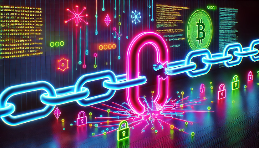  depiction of a blockchain hack in neon colors