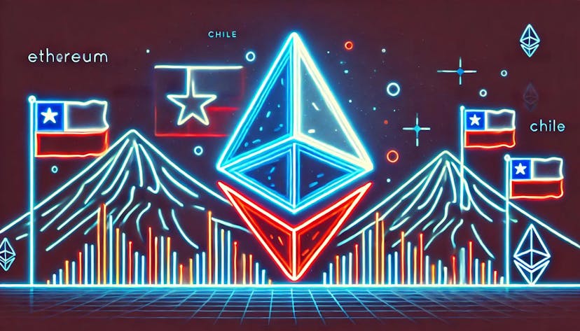 Ethereum symbol with iconic Chilean elements like the Andes mountains and the colors of the Chilean flag