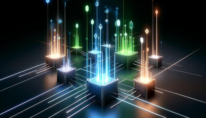 data streams shown as glowing neon lines moving from a central source to multiple blockchain nodes