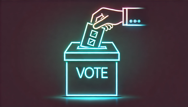 image depicting a vote being cast in a ballot box in a minimalistic style with neon colors