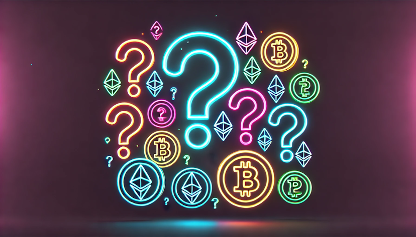 image of floating question marks among cryptocurrency coins 