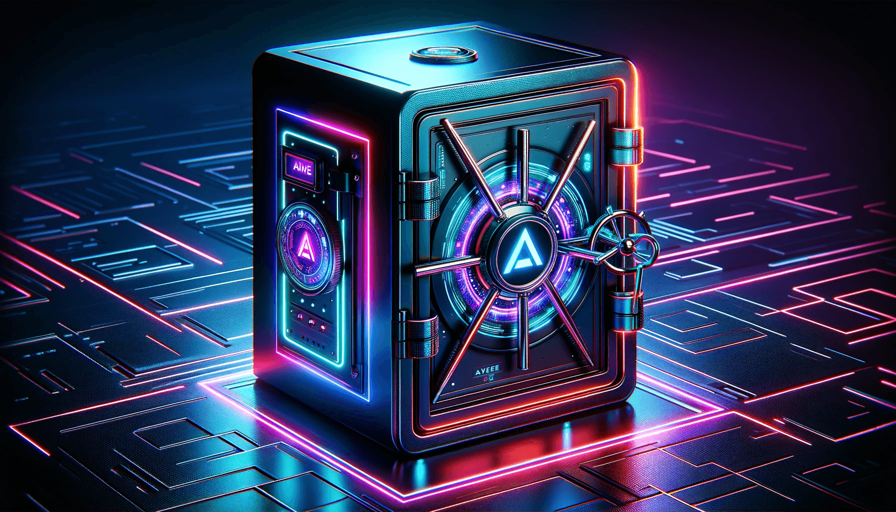 the image of a safe in a cypherpunk style, featuring sleek lines and illuminated by vibrant neon lights.