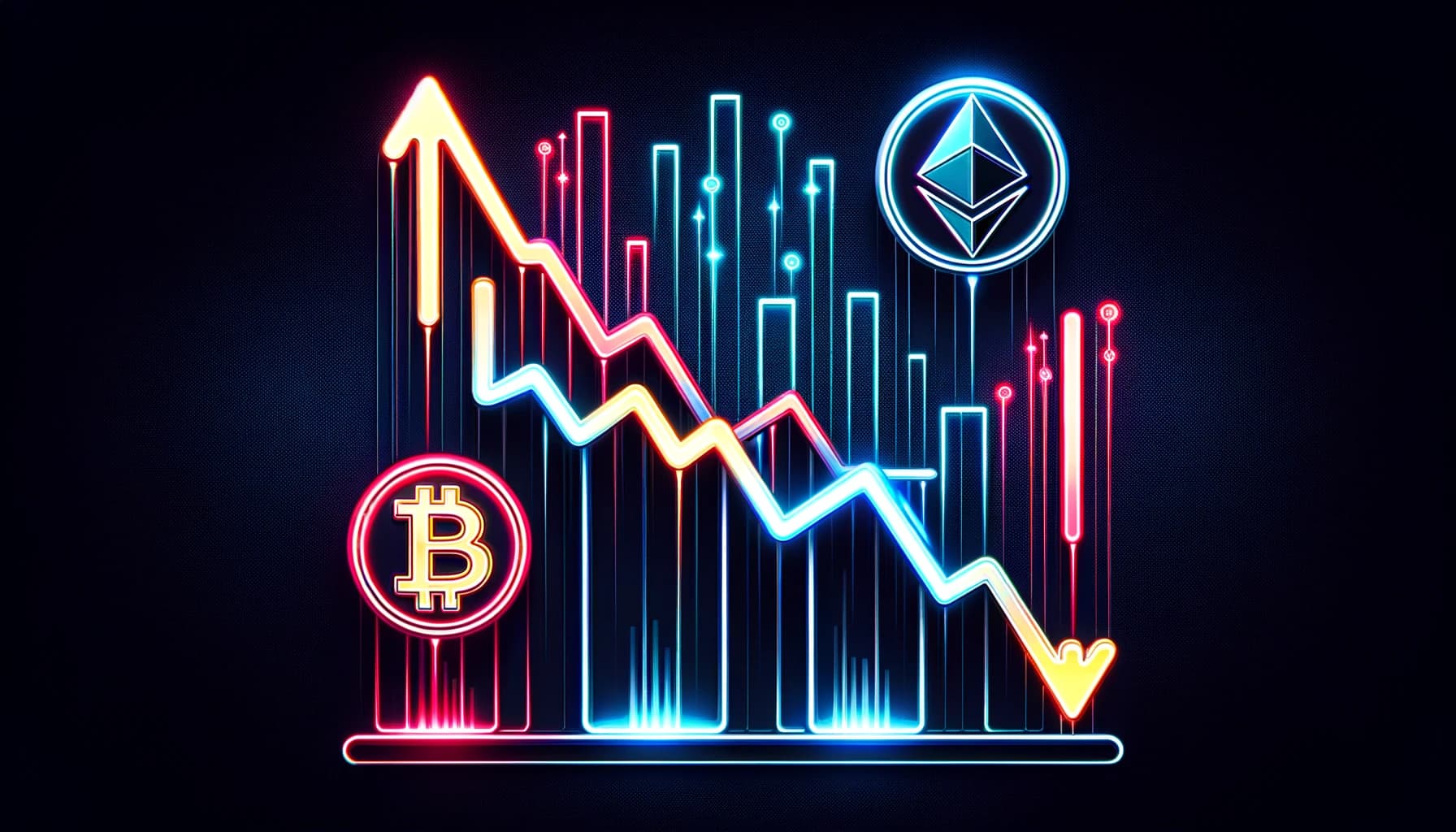 downward-trending arrows and diminishing bar graphs, glowing in neon red and dark blue against a dark backgrounddownward-trending arrows and diminishing bar graphs, glowing in neon red and dark blue against a dark background
