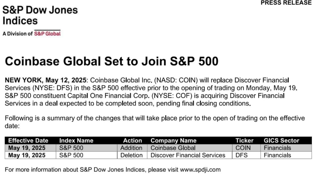 Coinbase to Enter S&P 500 on May 19, Replacing Discover Financial