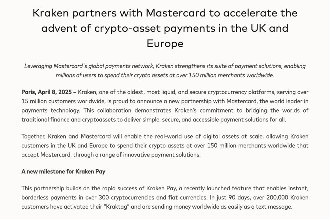 Mastercard Partners With Kraken to Enable Bitcoin Payments at 150 Million Merchants in Europe