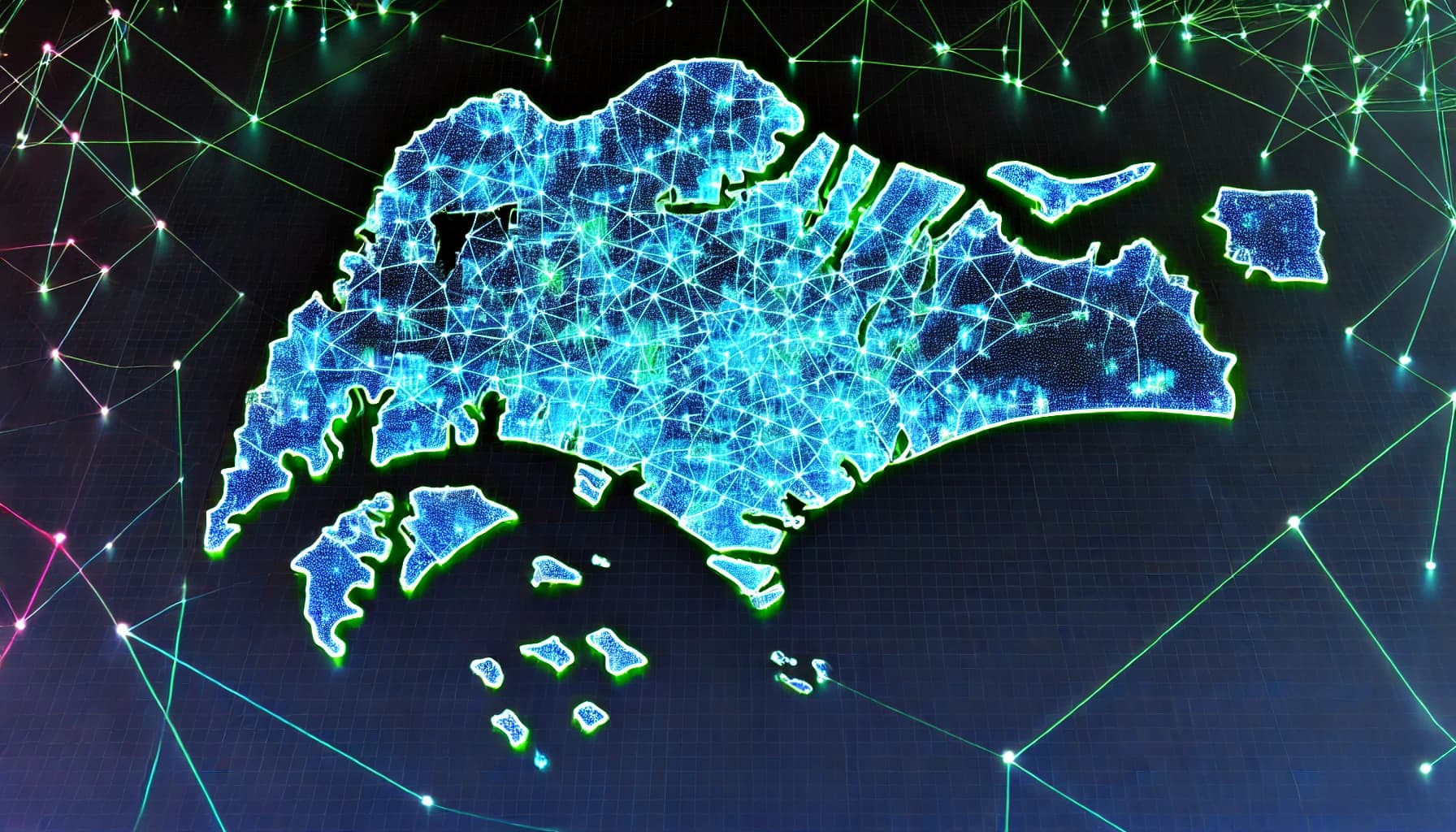 map of singapore overlaid by a computer network