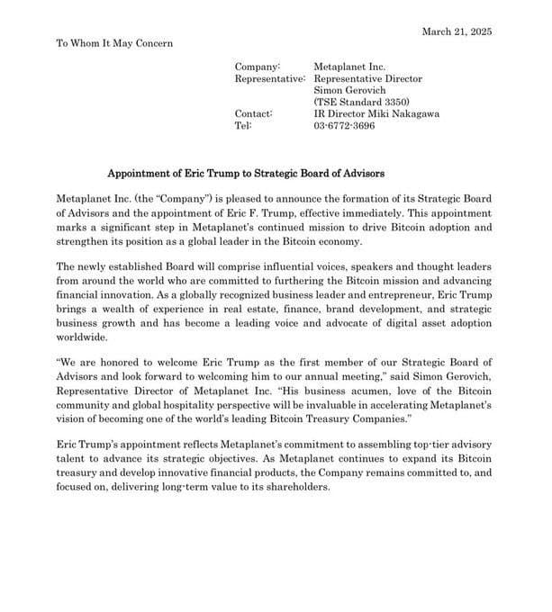 Metaplanet Appoints Eric Trump as Strategic Advisor for Bitcoin Adoption